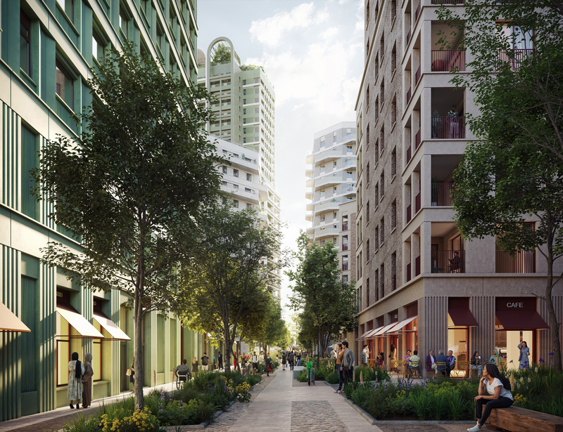 Pedestrian-first design and active frontages connect the new neighbourhood to its wider context