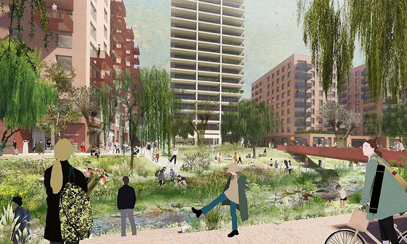 Arriving in Warners Fields from Birmingham city centre, looking east across the River Rea towards the new Warner Building